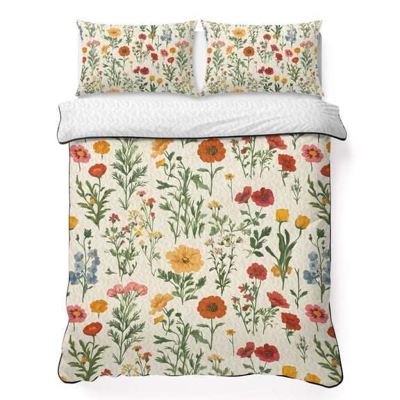 Vintage Style Twin Quilt Bedding Set, Poppies Wildflowers Watercolor Plants Herbs Lightweight Comforter with 2 Pillow Shams Bedroom Bedspread Set Home Decor for All Seasons