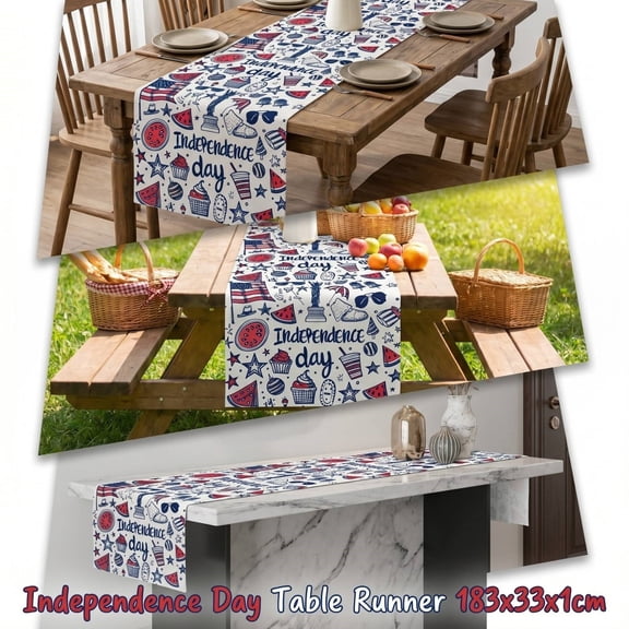 Vintage Style Various American Symbols Patriotic Table Runner, 4th of July Memorial Independence Day Patriotic Party Decoration Home Kitchen Table Decor, 72" x 13"