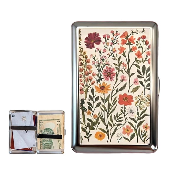 Vintage - Style Versatile Card & Cash Case With RFID Protection, Durable Metal Wallet Blunt Case Blocking Card Holder for Women Men Credit ID Business Cards (Flower)