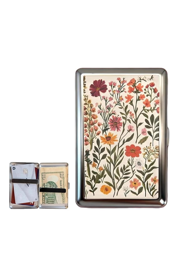 Vintage - Style Versatile Card & Cash Case With RFID Protection, Durable Metal Wallet Blunt Case Blocking Card Holder for Women Men Credit ID Business Cards (Flower)