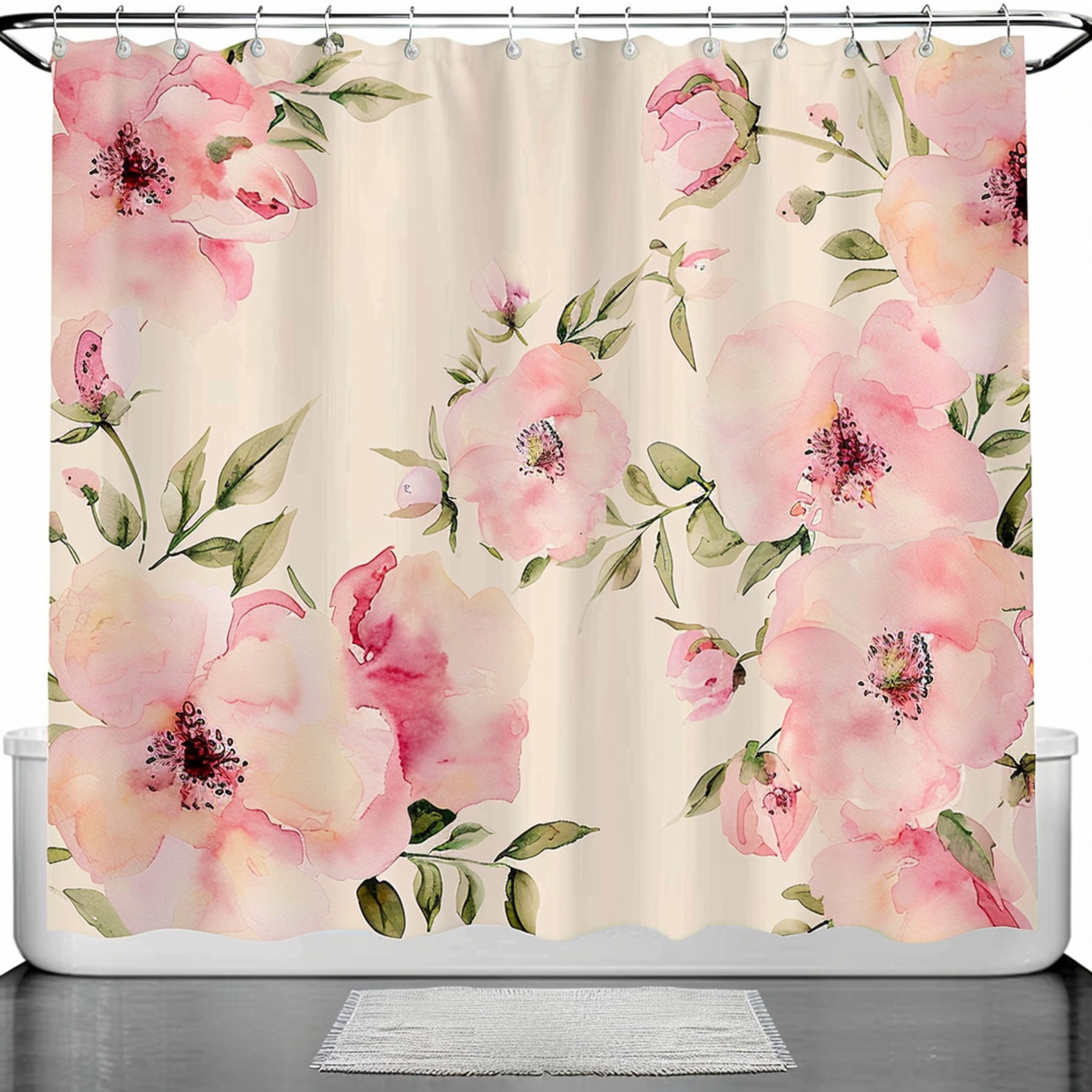 Vintage Style Watercolor Pink Floral Bathroom Decor Set on Beige