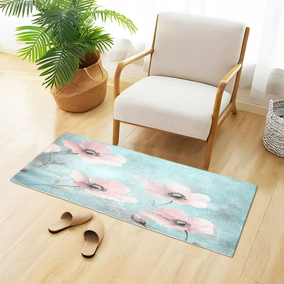 Vintage Style Watercolor Pink Flowers Plush Carpet Non Slip Runner Rug Absorbent Bath Mat 39" x 20"