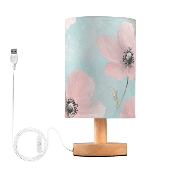 Vintage Style Watercolor Pink Flowers Table Lamp with USB Port LED Warm Light Lamp Night Light Home Decor