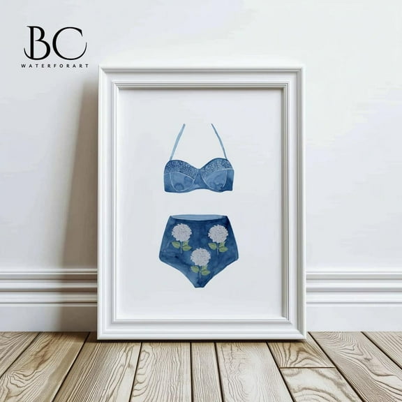 Vintage Style Watercolor Swimsuit Art Print, Hydrangea Bathing Suit Art For Beach House Or Lake House, Blue Wall Decor, Beach House Gift Wall Art, Modern Wall Decor, 8x12 UNFRAMED