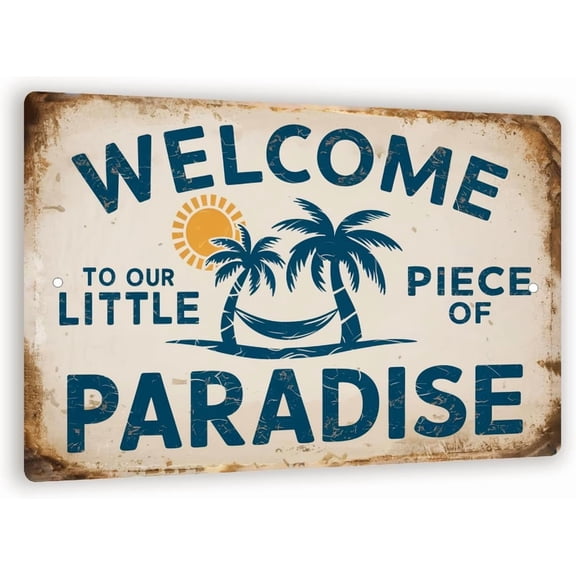 Vintage Style Welcome Sign - "Welcome to Our Little Piece of Paradise" 8" x 12" Distressed Look Outdoor Sign with Sun and Palm Trees Illustration