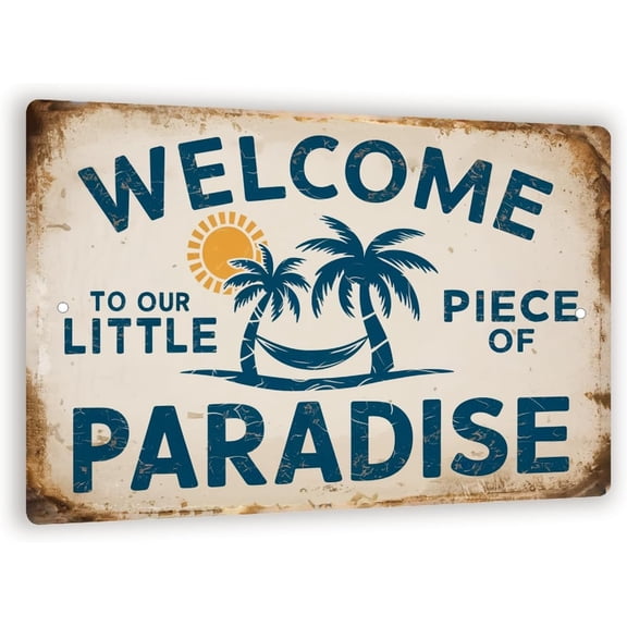 Vintage Style Welcome Sign - "Welcome to Our Little Piece of Paradise" 8" x 12" Distressed Look Outdoor Sign with Sun and Palm Trees Illustration
