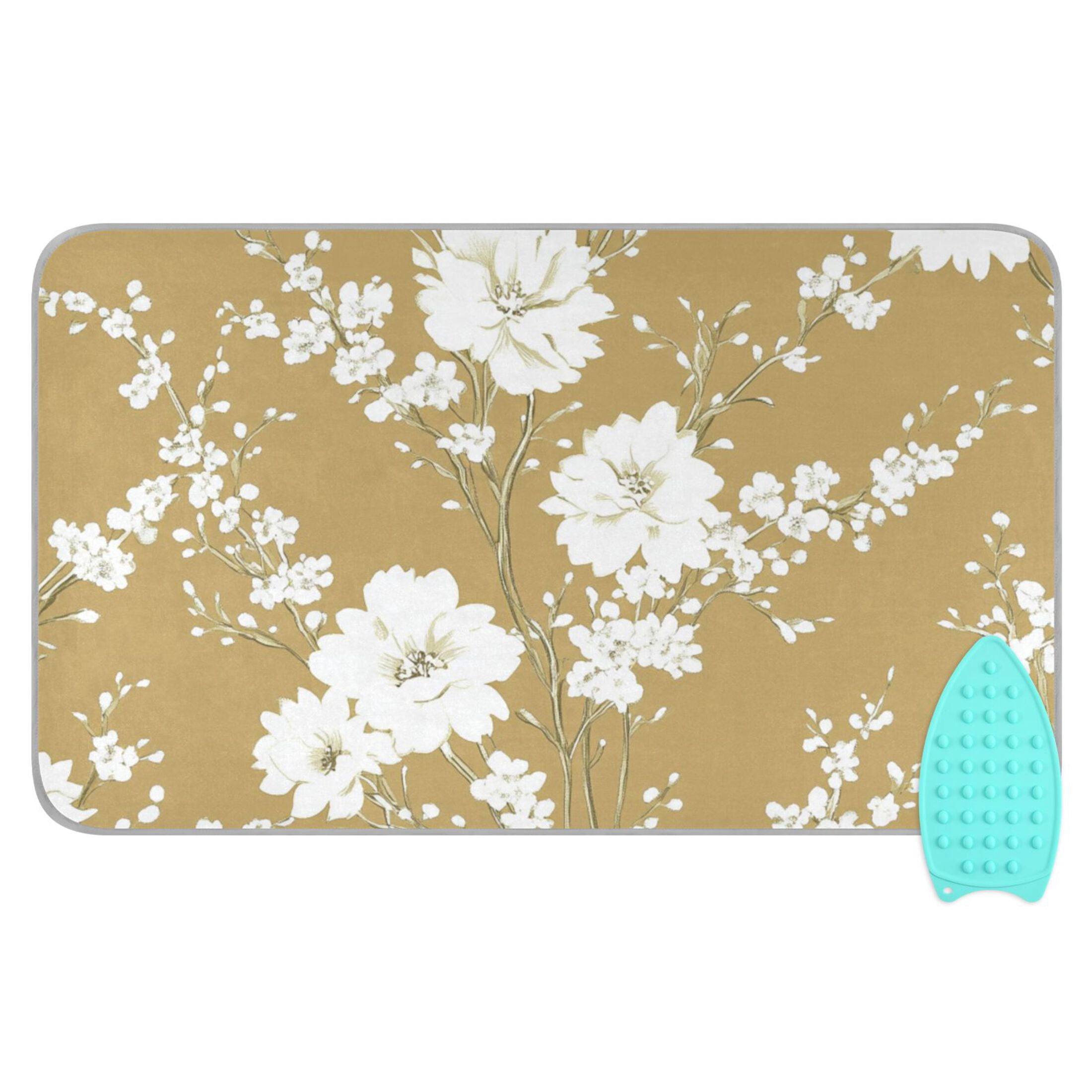 Vintage Style White Flowers Ironing Mat Blanket for Table Top Travel Portable Ironing Board Pad 47.2x27.6 Inch