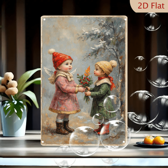 Vintage Style Winter Scene Art Print 8x12 Inches, Two Children on Snowy Path with Angelic Figure Giving Greenery Bouquet, Cozy Holiday Memory, Soft Muted Tones, Metal Wall Decor for Home
