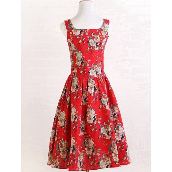 Vintage Style Women Dresses Cotton Linen Blend Square Neck