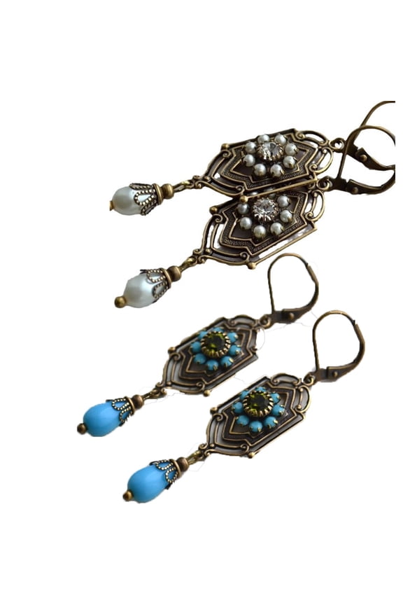 Vintage Style Women's Earrings with Faux Pearl Drop Blue and White 2 Pairs