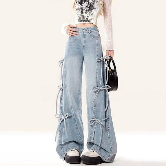 Vintage Style Women's Wide Leg Denim Pants With Bow Tie Loose Fit Long Trousers For Autumn Fashion Mod Mom Denim Boot Cut Jean Pants for Women Ripped Size 12 Jean for Woman on Pants Denim Look