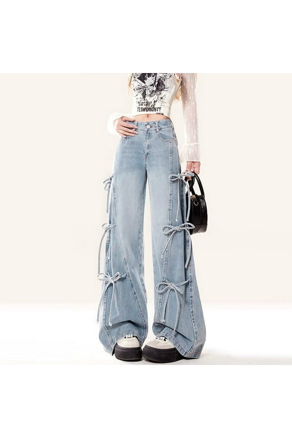 Vintage Style Women's Wide Leg Denim Pants With Bow Tie Loose Fit Long Trousers For Autumn Fashion Mod Mom Denim Boot Cut Jean Pants for Women Ripped Size 12 Jean for Woman on Pants Denim Look