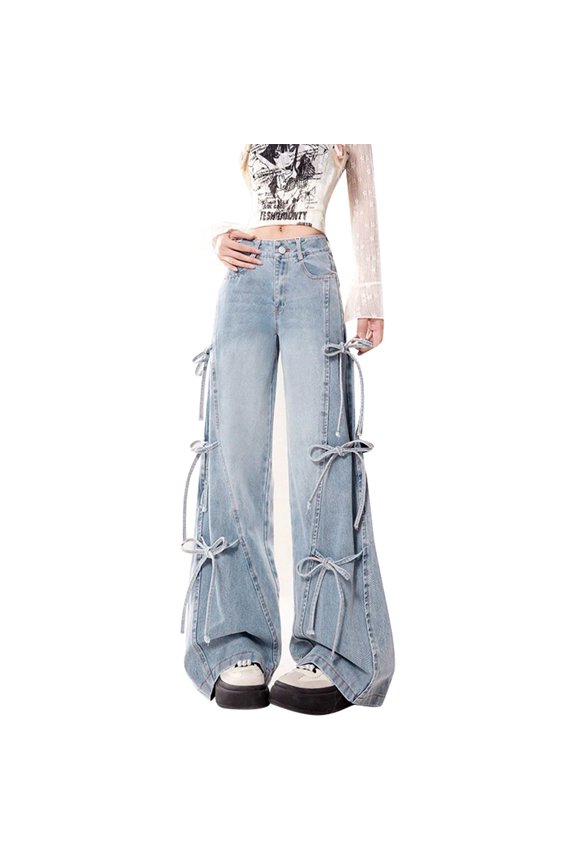 Vintage Style Women's Wide Leg Denim Pants With Bow Tie Loose Fit Long Trousers For Autumn Fashion