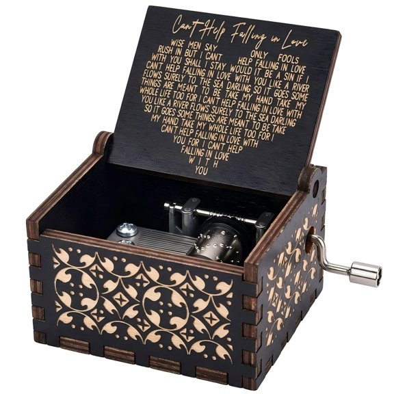 Vintage Style Wood Music Box, Hand Crank Opeed No Battery Needed, "Can't Help Falling in Love" Melody, Perfect Gift for Anniversary Valentine, Black