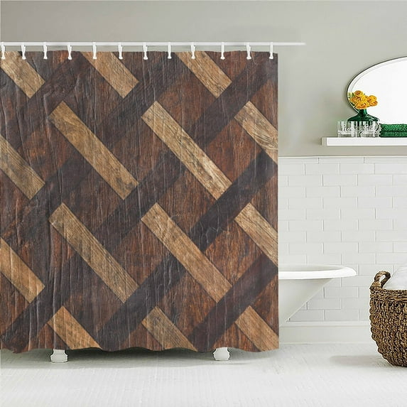 Vintage Style Wood Rock Printed Shower Curtain for Bathroom with Hook 3D Retro Wooden Decor Waterproof Fabric Bathroom Curtains