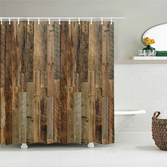 Vintage Style Wood Rock Printed Shower Curtain for Bathroom with Hook 3D Retro Wooden Decor Waterproof Fabric Bathroom Curtains