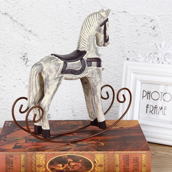 Vintage Style Wooden Rocking Horse Animal Decoration Statue Horse Figurines Home Decor Kids Gift Gray