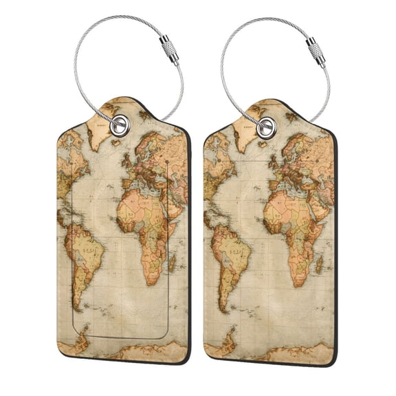 Vintage Style World Map PU Leather Suitcase Tag with Stainless Steel Loop and Address Card for Baggage Tag 1 PCS