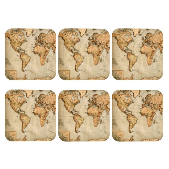 Vintage Style World Map Set of 6 Faux Leather 4 Inch Coasters Drinks Tabletop Home Dinning Square