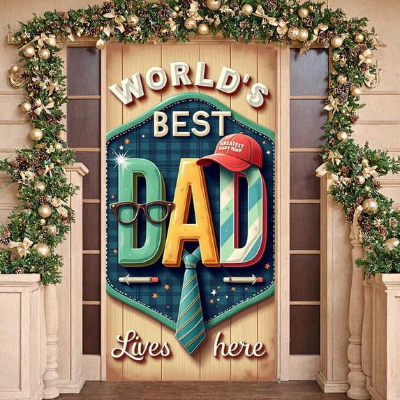 Vintage Style World's Best Dad Banner Plaid Pattern Greatest Dad Backdrop 3D Lettering Tie  Father's Day Background for Father's Day Party Family Gathering Dad's Birthday