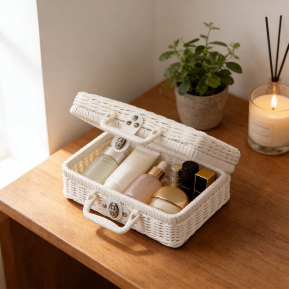 Vintage Style Woven Storage Box with Handles, Decorative Rattan Look Organizer for Home and Wedding Decor, Portable Multi-Purpose Container for Keepsakes and Accessories