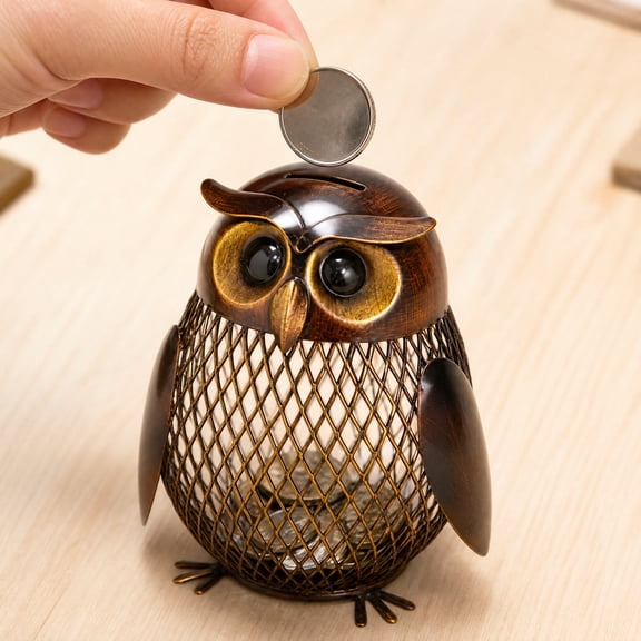 Vintage Style Wrought Iron Owl Shaped Coin Jar, Metal Storage Container Box Home Decor, Antique Finish Open Mesh Body, Spacious Interior Capacity, Desk Entryway Display Gift