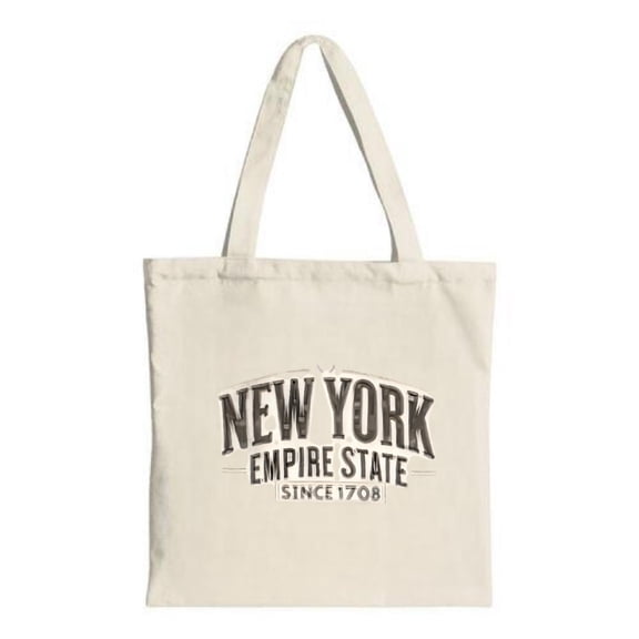 Vintage-Style beige tote bag with " NEW YORK EMPIRE STATE SINCE 1708 " text perfect for shopping travel and parties