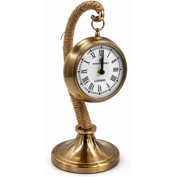 Vintage Style desk clock Hanging Desk Clock with Rope Stand Nautical Style Table Clock with Roman Numerals Tabletop Clock for Living Room Dcor Rustic Farmhouse Decorative (BRASS, 5*5*12 INCHES)