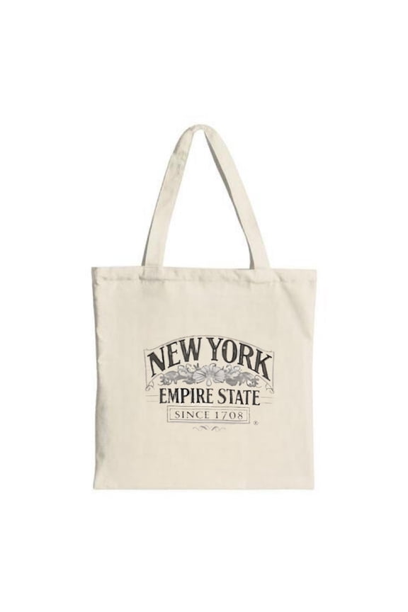Vintage-Style tote bag with two handles featuring ' NEW YORK EMPIRE STATE SINCE 1708 ' in elegant dark font on a light cream background