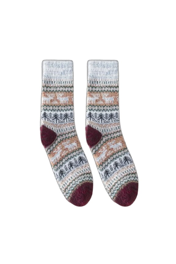 Vintage Styles Faux Wool Socks for Women Multicolor Deer Striped Pattern Winter Thick Knitted Thermal Warm Calf Socks