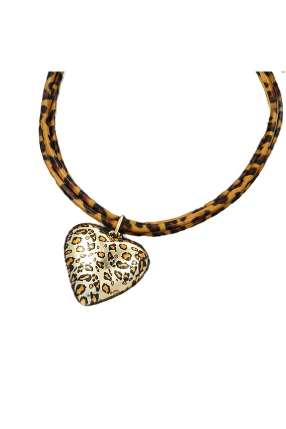 Vintage Styles Heart Pendant Necklace Adjustable Length and Leopard Print Cord Clavicle Chain for Fashionable Women