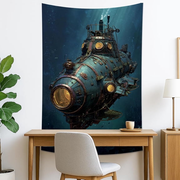 Vintage Submarine Blue Tapestry, Nautical Ocean Decor Wall Hanging, Steampunk Art for Living Room, Bedroom, Home Theater 50x60 Inch