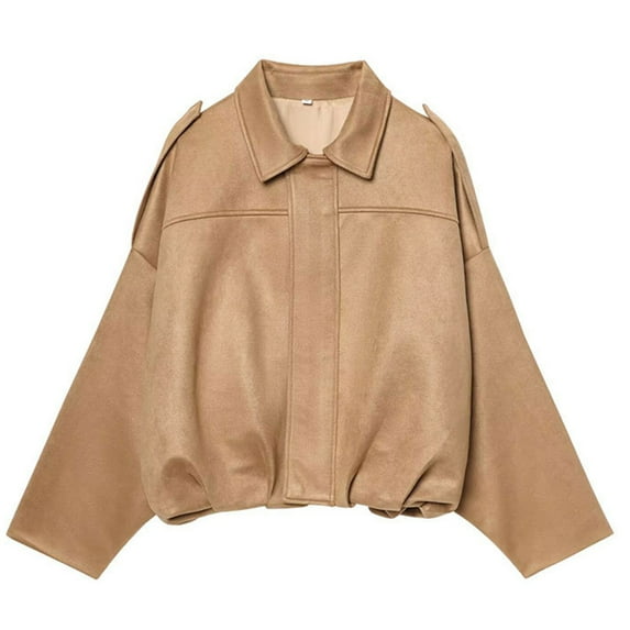 Vintage Suede Jacket for Women Loose Batwing Long Sleeve Casual Trendy Fall 2025 Crop Outerwear Coats with Pockets Khaki S