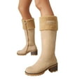 thumbnail image 1 of Vintage Suede Knee High Boots for Women Chunky Heeled Fleece Lined Long Winter Boots Round Toe Plush Riding Booties Beige Size 7, 1 of 7