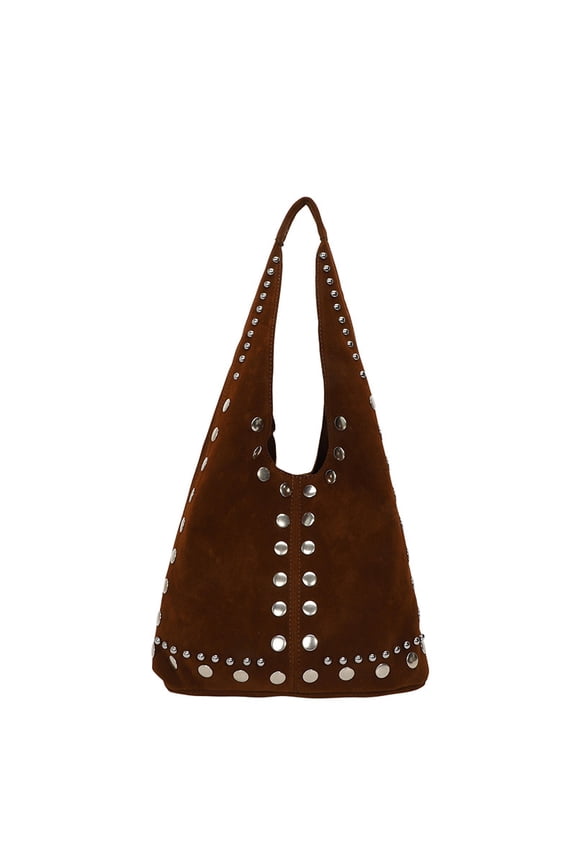 Vintage Suede PU Tote Bag for Women, Rivet Detail & Magnetic Snap, Large Capacity Shoulder Handheld Underarm Bag for Daily Use (11.42" x 9.06" x 3.94", 0.46 lb)
