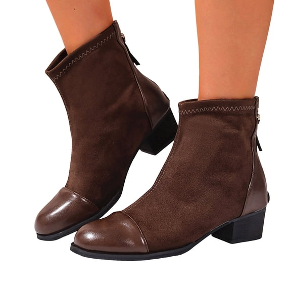 Vintage Suede Splicing Ankle Booties for Women Wide Wide Comfortable Fall Winter Boots Slip On Chunky Low Heel Dress Shoes Brown Size 9