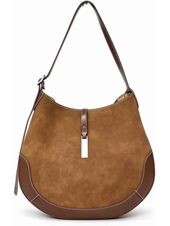 Vintage Suede Tote Bag for Women, High-Capacity Brown Suede Shoulder Bag with Adjustable Strap and Crossbody Hobo Bag Suede Purse Crescent Handbag Underarm Purse for Everyday Work Winter Fall Travel