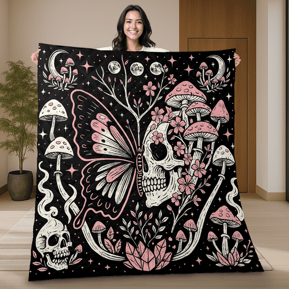 Vintage Sugar Skull And Butterfly Quilt Blanket – Dark Boho Mushroom Art Quilt with Pink Accents – Unique Halloween Gift Blanket