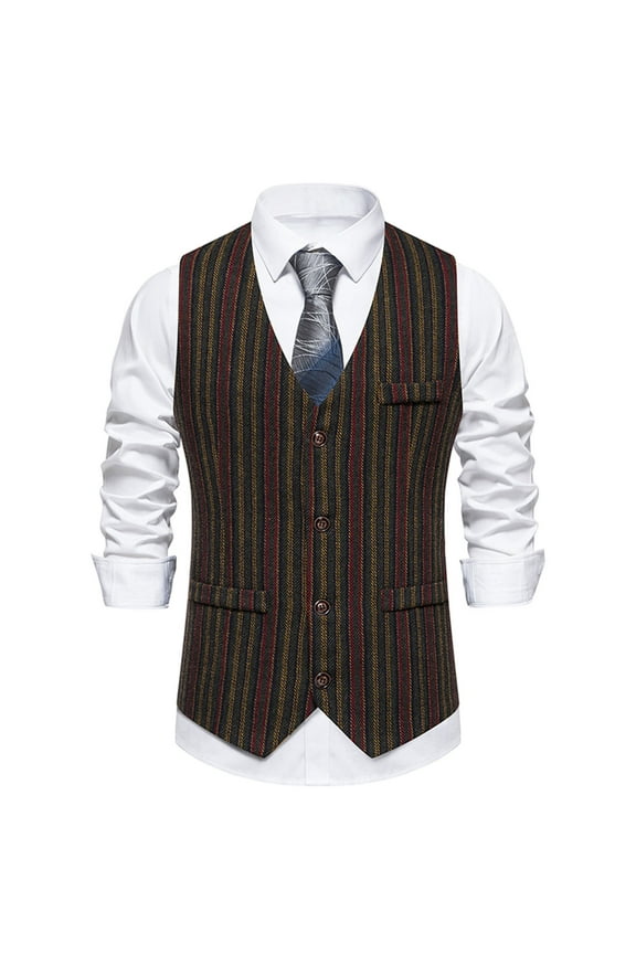 Vintage Suit Vests for Men 2025 Button-Down V Neck Sleeveless Waistcoats Stripe Printed Slim-Fit Business Work Dress Vest