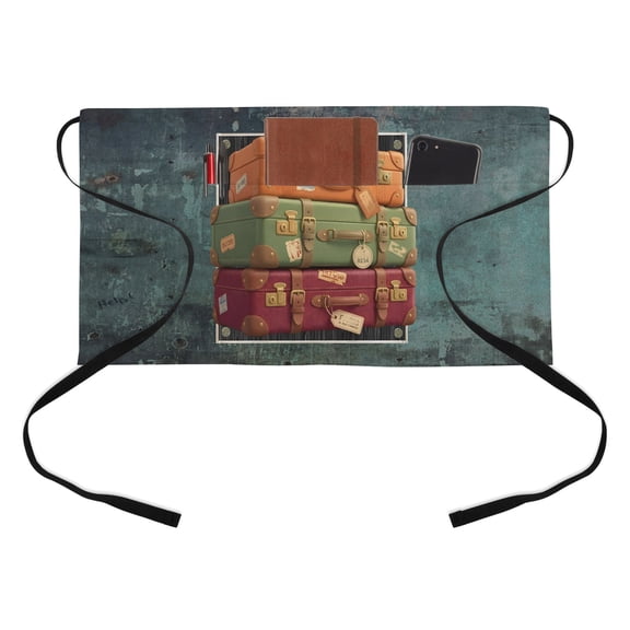 Vintage Suitcase Kitchen Restaurant Half Waist Apron, Summer Tourism Art Retro Shabby Suitcase Old Black Server Short Apron with 3 Pockets Waterproof Oil Waist Aprons for Women Waitress Waiter
