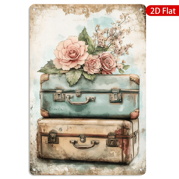 Vintage Suitcase and Floral Metal Wall Art, 8x12 Inch Rustic Travel Theme Decor for Home Living Room 1pc