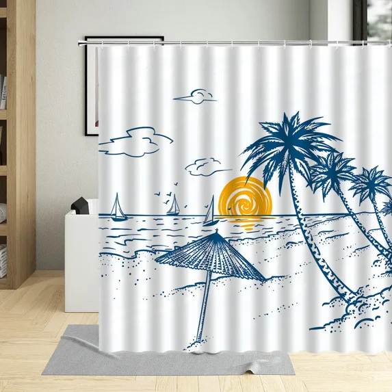 Vintage Summer Beach Landscape Shower Curtains Sea Palm Tree Travel Illustration Bathroom Waterproof Curtain With Hook Polyester
