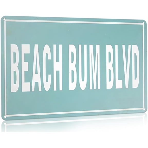 Vintage Summer Beach Tin Sign, Beach Bum Blvd, Lake House Coastal Cottage Cabin Deck Wall Decor, 12 x 8 Inch