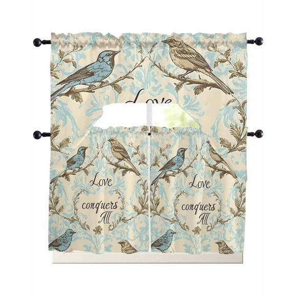Vintage Summer Botanical Kitchen Curtains Sets 36 Inch Length with Valance, Retro Birds Leaves Swag Valances and Tiers Curtain Set Drapes Swag Curtains for Living Room, Bathroom, Bedroom, Cafe