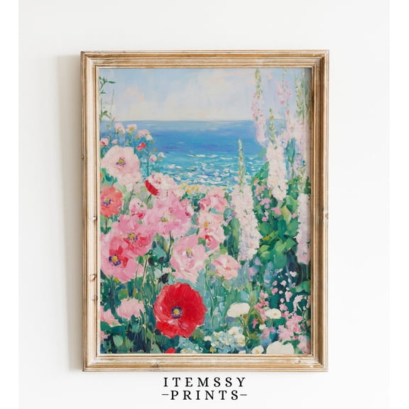 Vintage Summer Coastal Wildflower Field Landscape Poster, Beach Floral, Farmhouse Spring Wall Art, Floral Sea Art Decor, 8x12 UNFRAMED