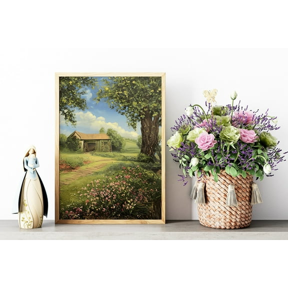 Vintage Summer Country Cottage Landscape Oil Painting, Country Landscape Print, Country Field Wall Art,Dining Room Decor, Bedroom Art, Wall Decor Living Room, Art Deco, Frameless 20x30inch