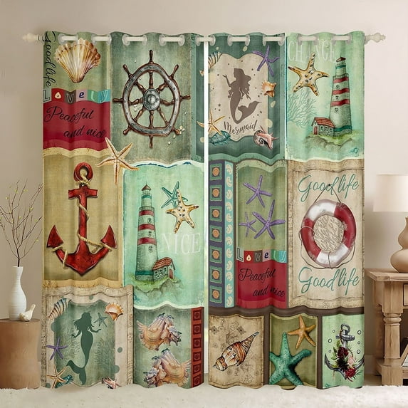Vintage Summer Curtains 52Wx84L,Ocean Anchor Lighthouse Rudder 30%-50% Blackout Curtains,Coastal Mermaid Starfish Shell Curtains & Drapes,Buffalo Patchwork Window Treatments 2 Panels for Bedroom