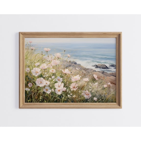 Vintage Summer Flower Print Beach Print Farmhouse Print, Cottagecore Coastal Wildflower Field, Spring Floral Sea Wall Art Poster Decor, Size 8x12 UNFFRAMED F03.1.8l1255