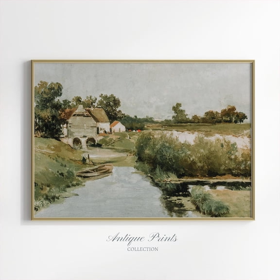Vintage Summer Landscape Wall Art, Country, Antique River, Farmhouse Wall Decor, Rustic Wall Art, Unframed Paper Print