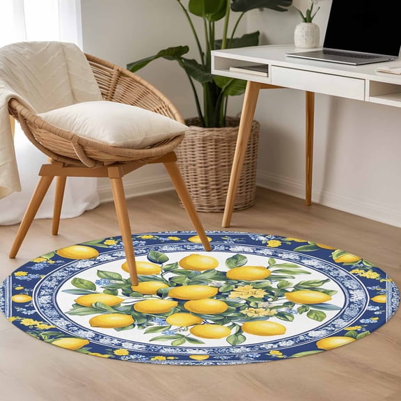Vintage Summer Lemon 3.3ft Round Rug for Bedroom Reading Corner, Bohemian Lemon Pattern Washable Non Slip Circle Area Rug